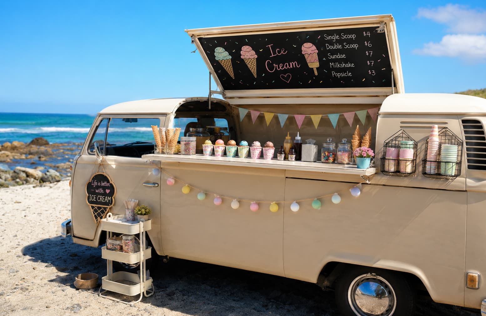 Mustard yellow VW T2 ice cream truck